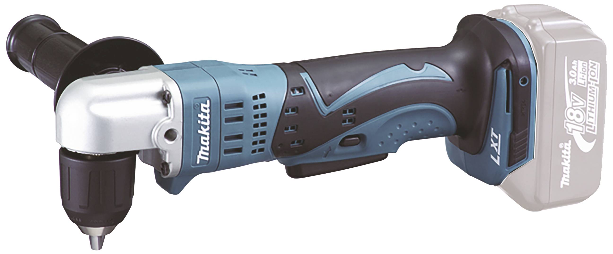 Perceuse-visseuse angulaire sans fil Makita avec poignée ergonomique et batterie lithium-ion 18V. Idéale pour les travaux dans des endroits difficiles d'accès.