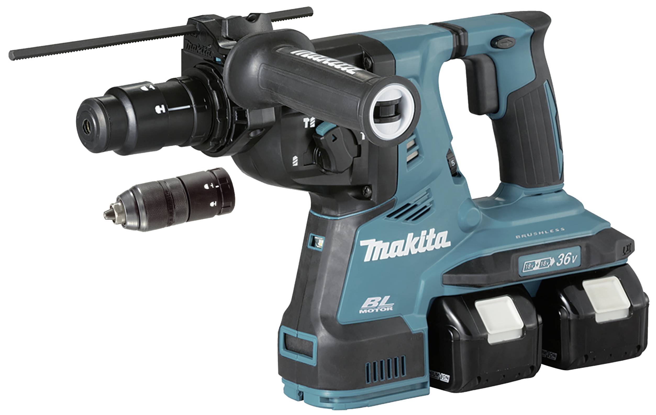 Un marteau perforateur sans fil bleu-vert avec deux batteries. Marque : Makita. Il est équipé d'un mandrin interchangeable et convient aux travaux lourds.