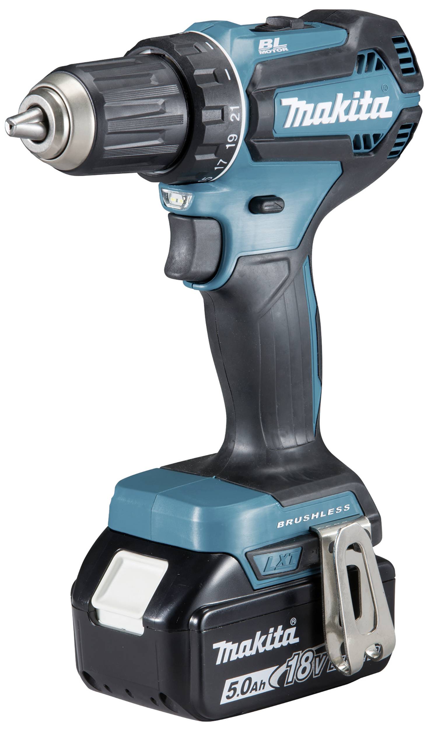 Un visseuse-perceuse sans fil Makita en noir et bleu, avec un accumulateur 18V 5,0Ah, fabriquée en matériau brossé.
