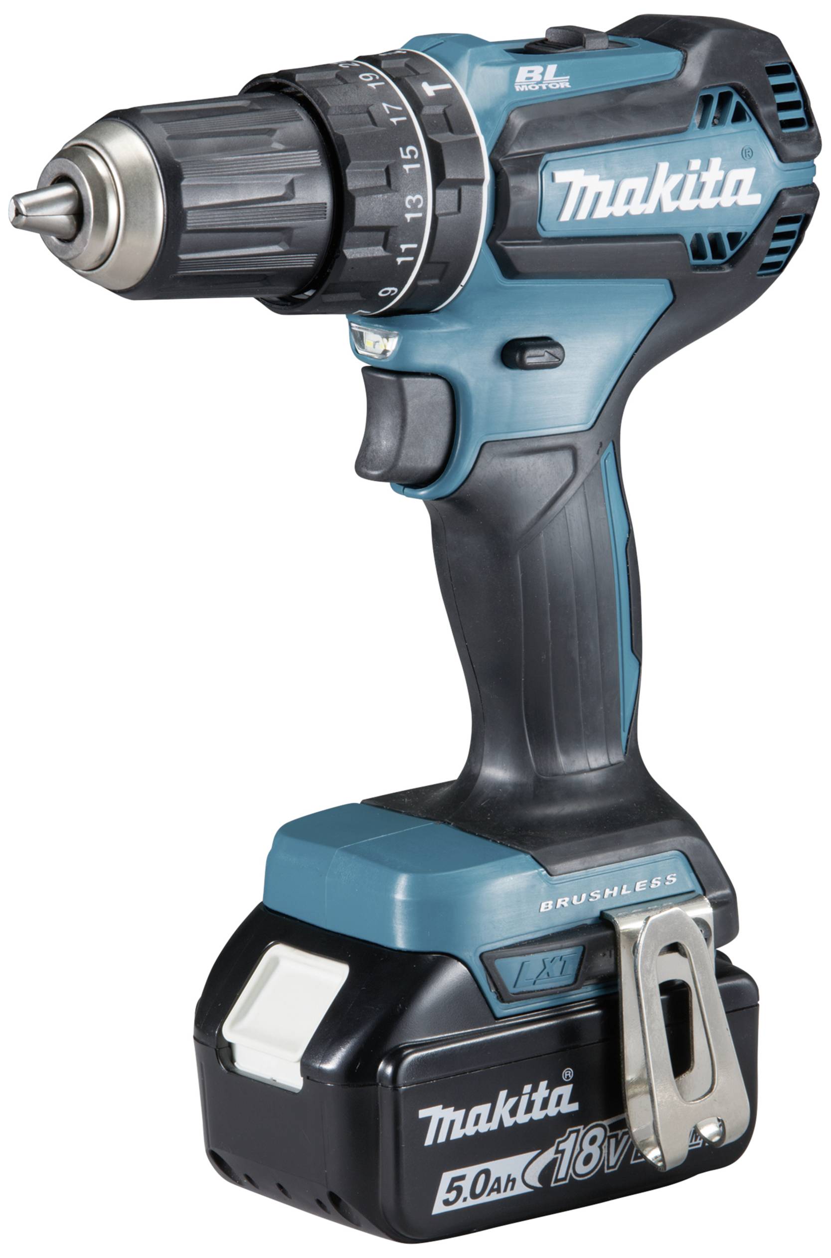 Visseuse-perceuse Makita, noir et bleu, avec batterie 18V et 5.0Ah. Adaptée aux travaux de bricolage, compacte et sans fil.