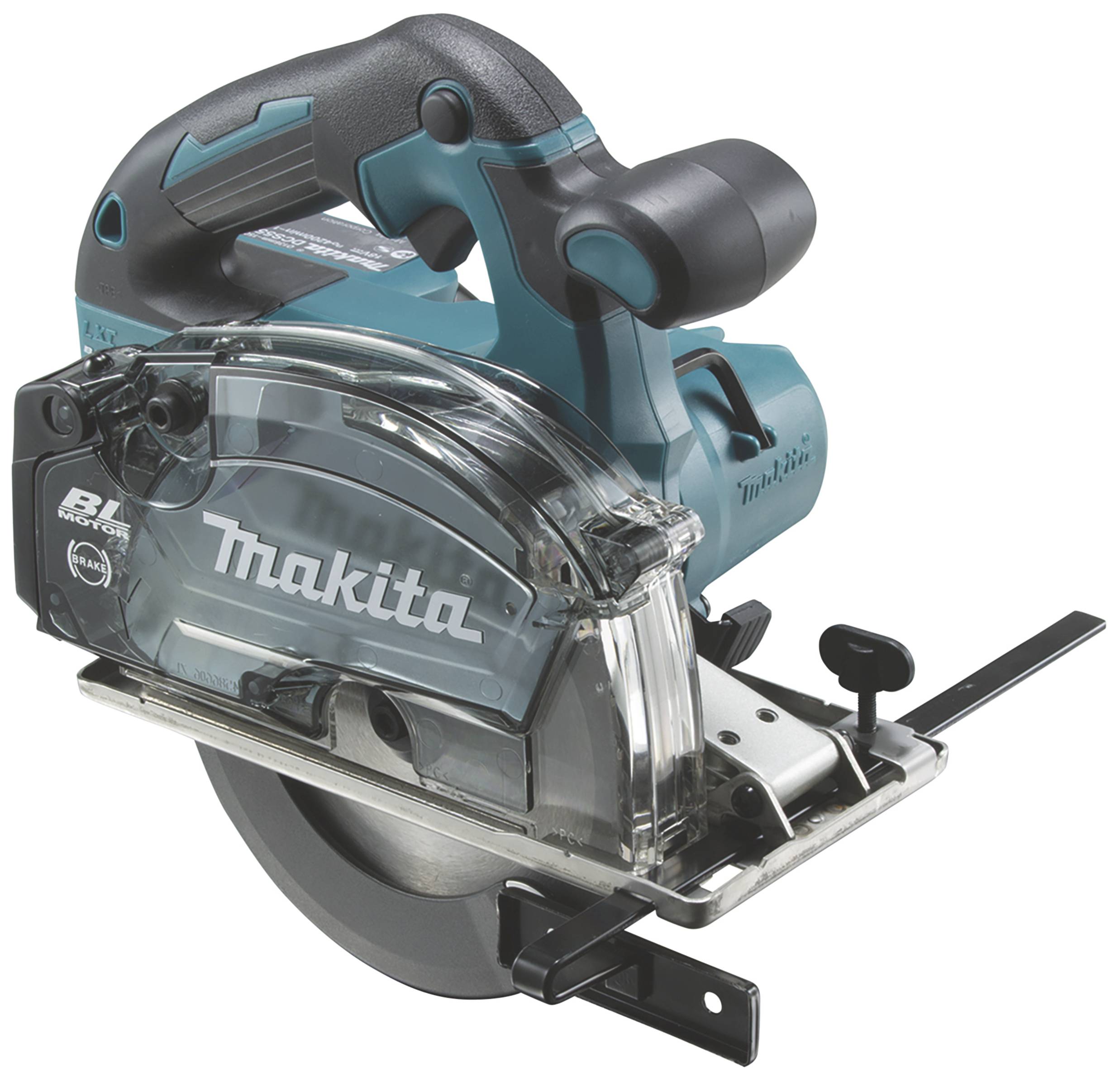 Une scie circulaire manuelle Makita bleue et noire avec un carter de protection transparent, adaptée pour des coupes précises dans le bois.