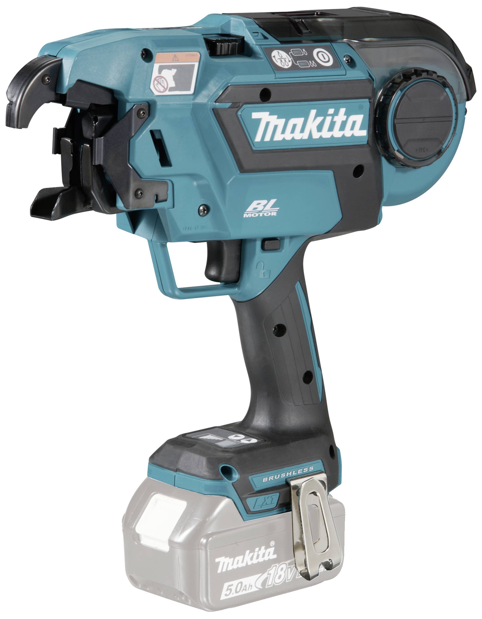 Un compresseur sans fil Makita bleu-noir avec technologie de moteur brushless et batterie 18V, idéal pour l'installation.