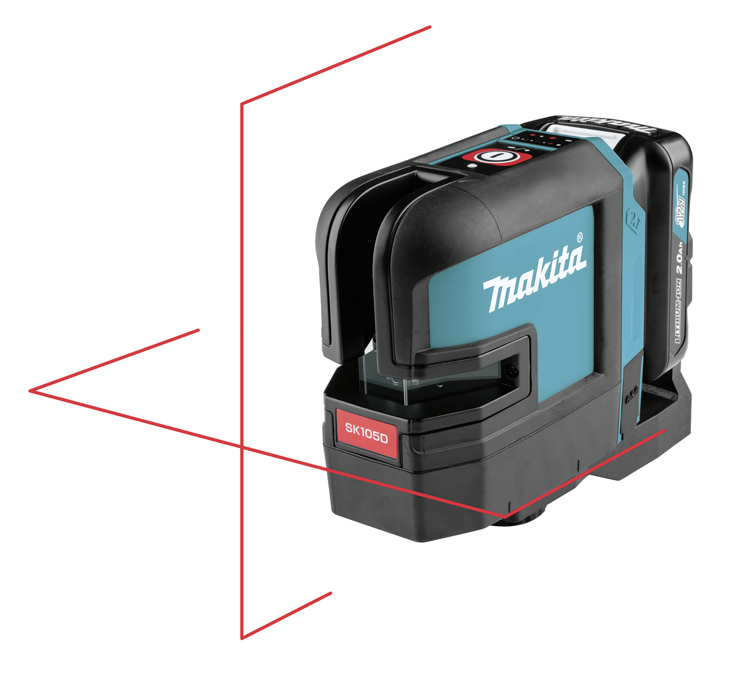 Un appareil de mesure laser vert et noir de Makita projette des lignes rouges à angle droit ; modèle 'SK105D'.