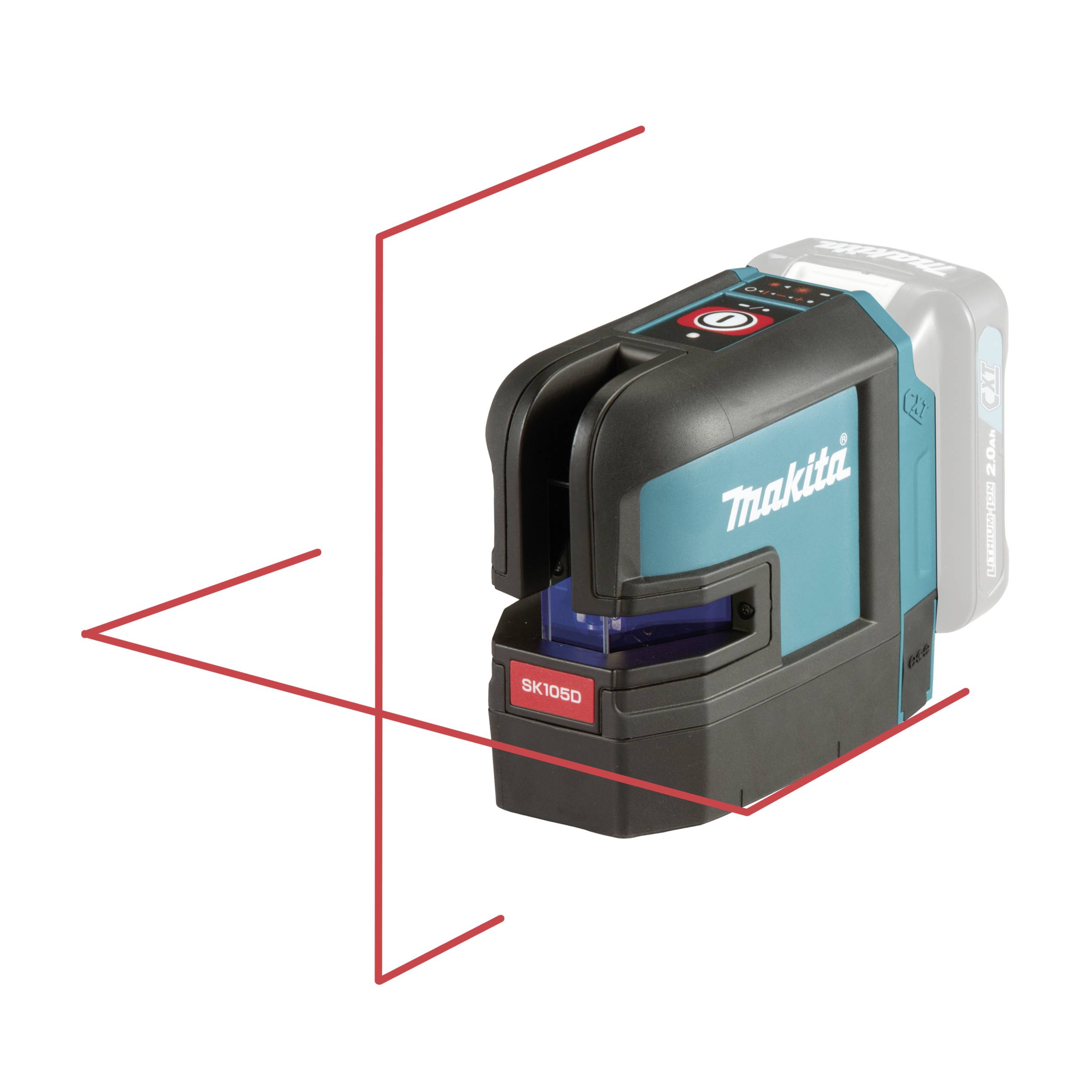 Un laser à lignes croisées de Makita projette des lignes verticales et horizontales rouges, idéal pour un alignement et un nivellement précis.