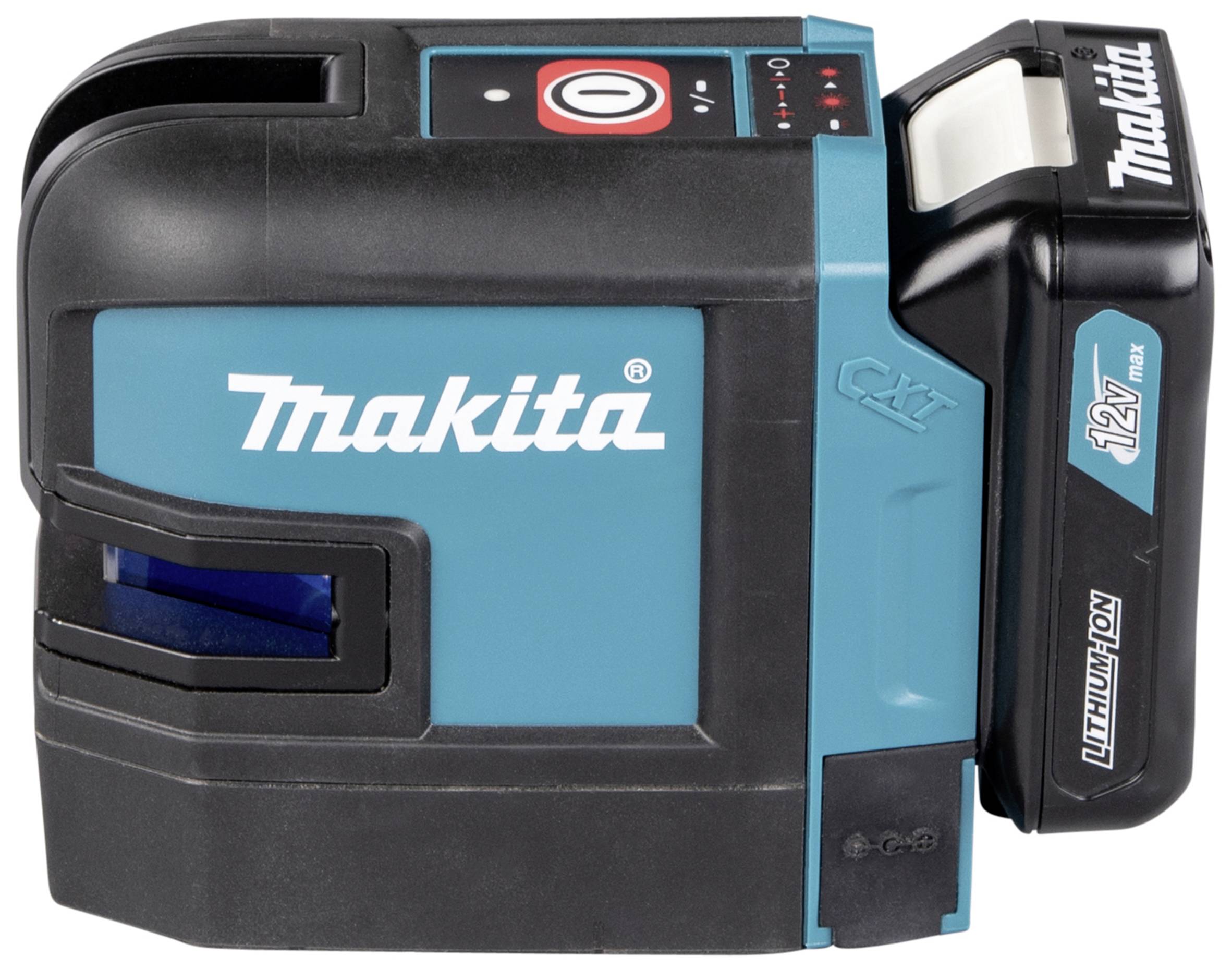 Un laser bleu Makita avec batterie, adapté pour des mesures précises lors de projets de construction. Le logo du fabricant est visible sur le côté.