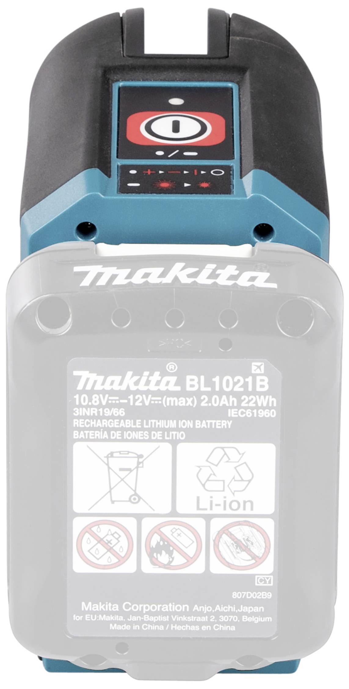 Batterie Makita, modèle BL1021B, 10,8V–12V, 2,0Ah, 22Wh. Adaptée aux batteries lithium-ion rechargeables.