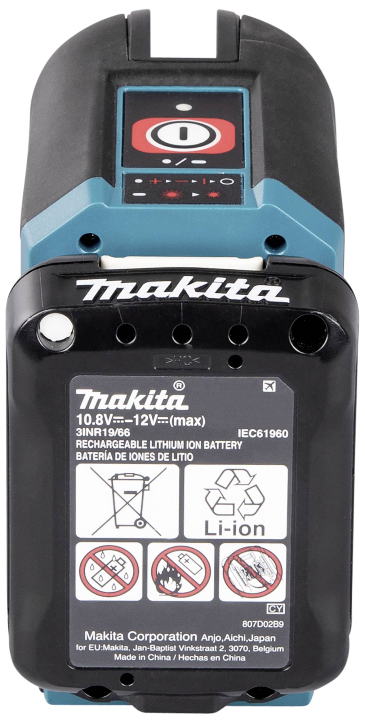 Symbole d'avertissement et de précaution sur une batterie lithium-ion Makita 10,8V-12V.