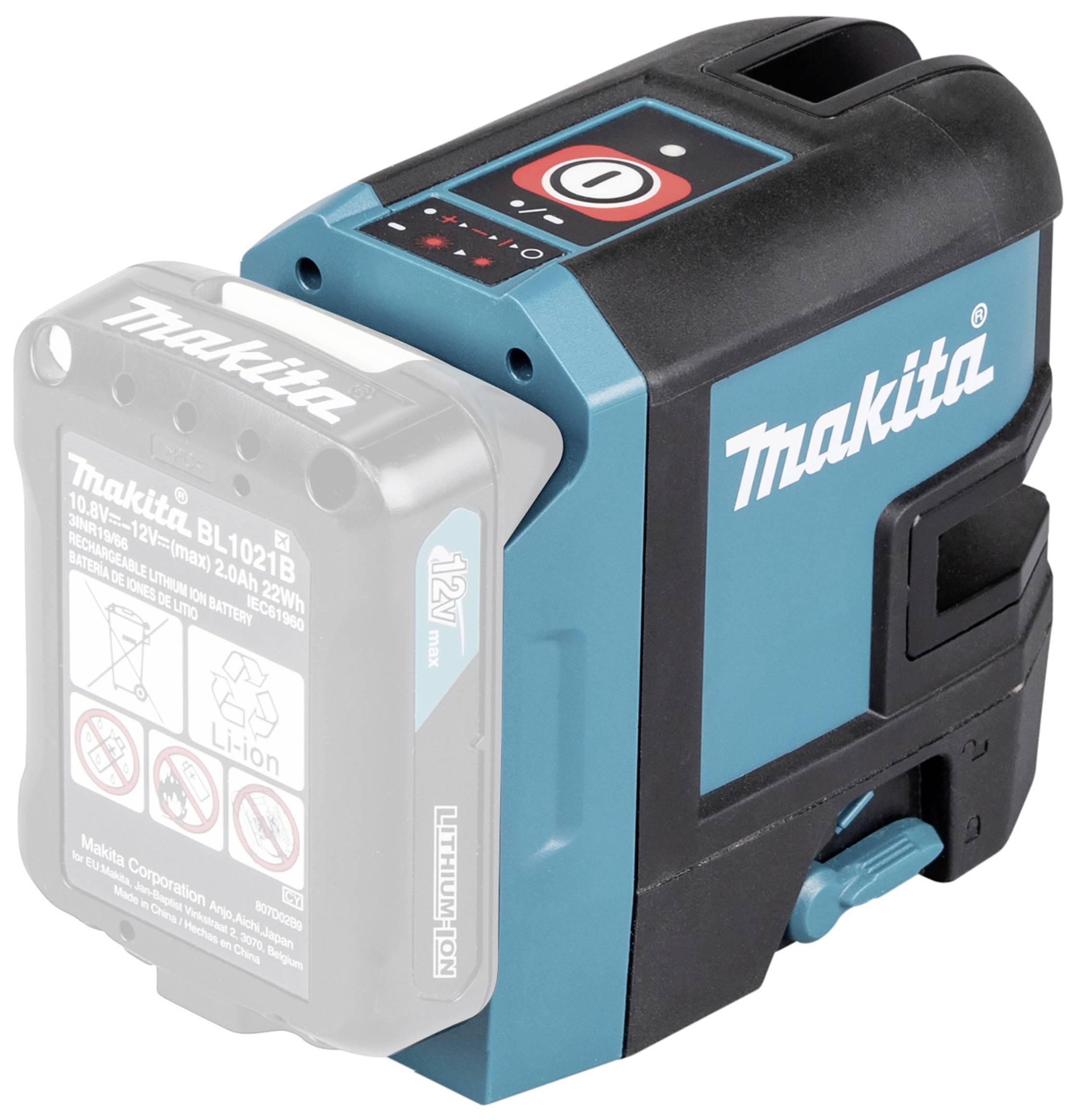 L'image montre un appareil Makita de couleur bleue et noire, probablement un outil de mesure, avec un compartiment de batterie et un affichage LED.