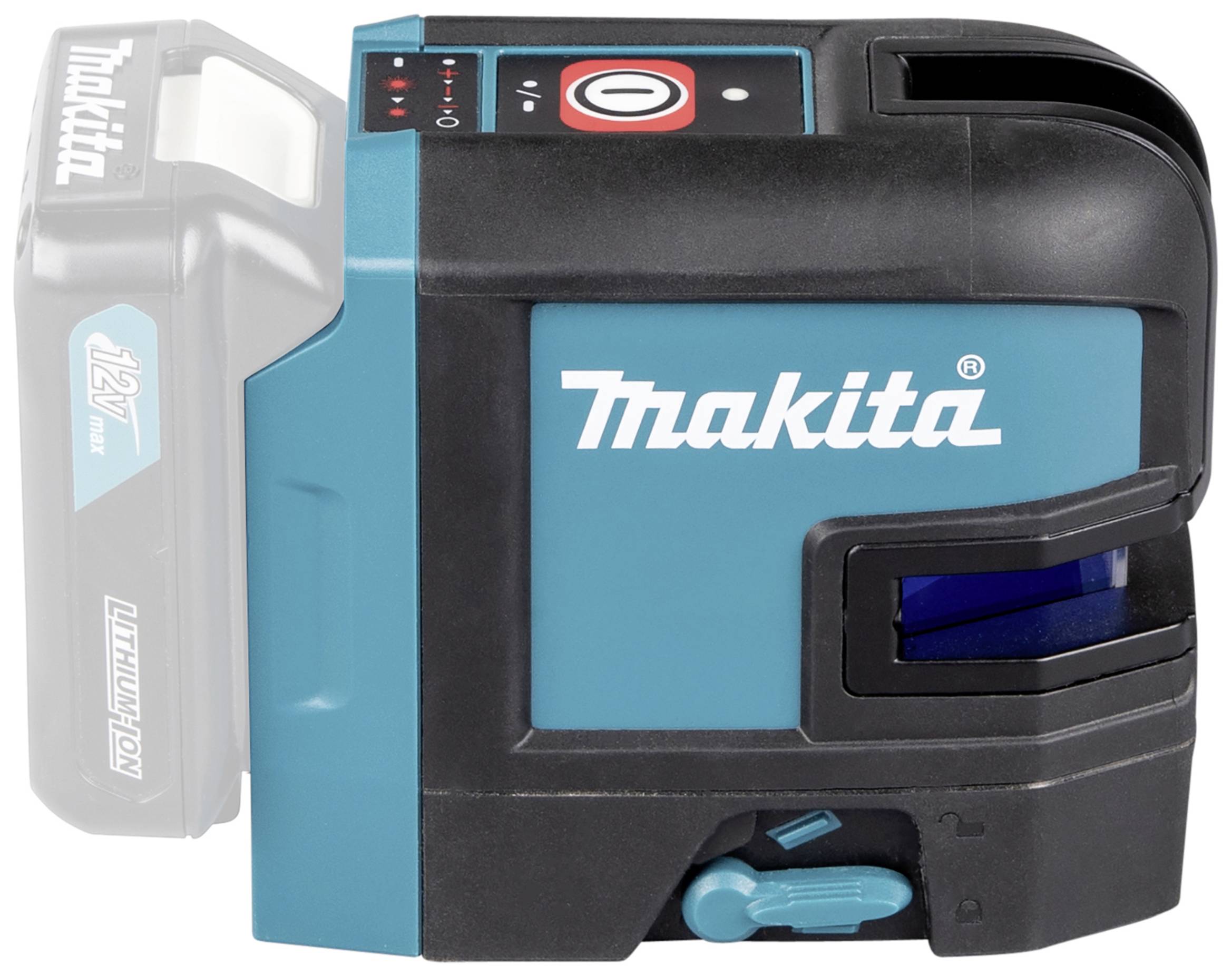 Un nivellement laser bleu-noir de Makita avec un compartiment de batterie sur la gauche. Il dispose de commandes en haut et projette des lignes laser.