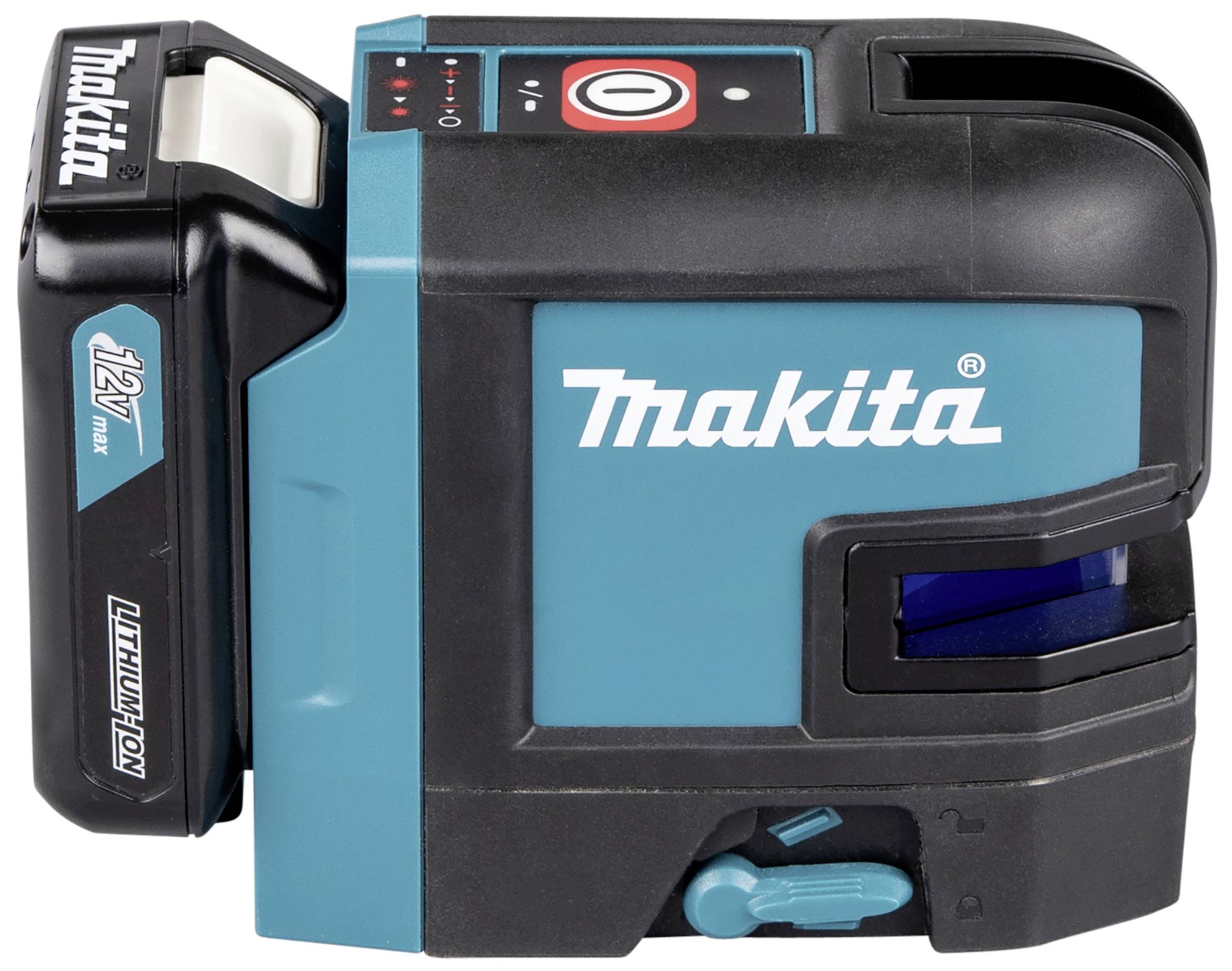 Un appareil laser Makita noir et bleu à ions lithium 12V. Il est équipé d'un boîtier de batterie et de commandes sur le dessus.
