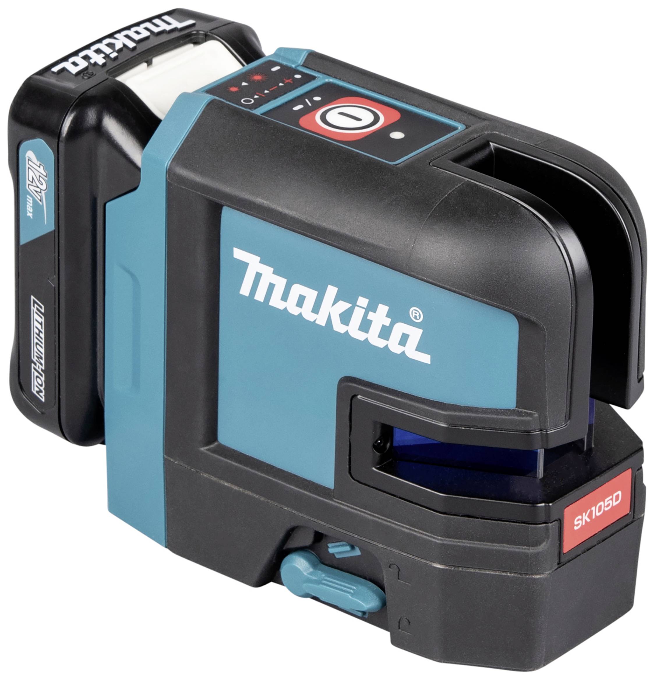 Un laser à lignes croisées Makita bleu et noir avec compartiment de batterie, modèle SK105D, présente des commandes sur sa face supérieure.
