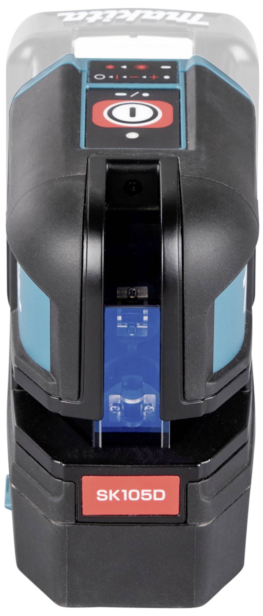 'Makita SK105D' laser à lignes croisées en noir et bleu avec panneau de commande et plaque de composant rouge, vue de face.