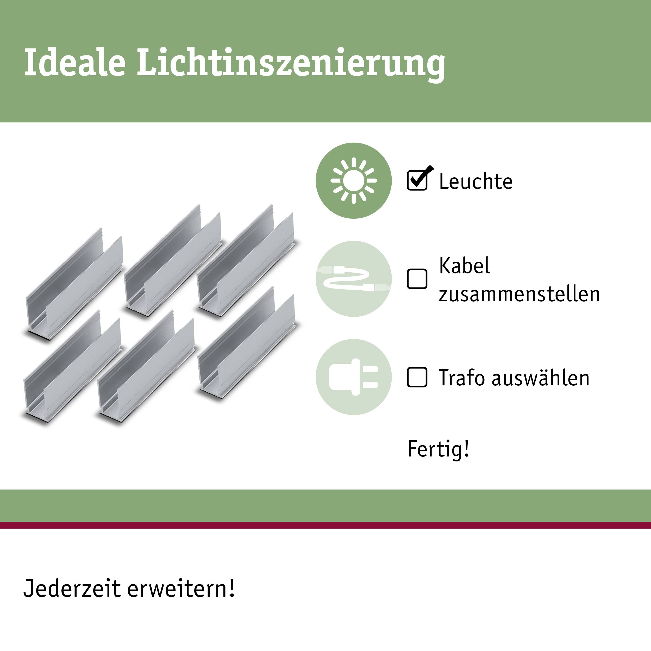 'Image de six supports en L argentés. Guide d'installation lumineuse : assembler la lampe, rassembler les câbles, choisir le transformateur. Terminé !'