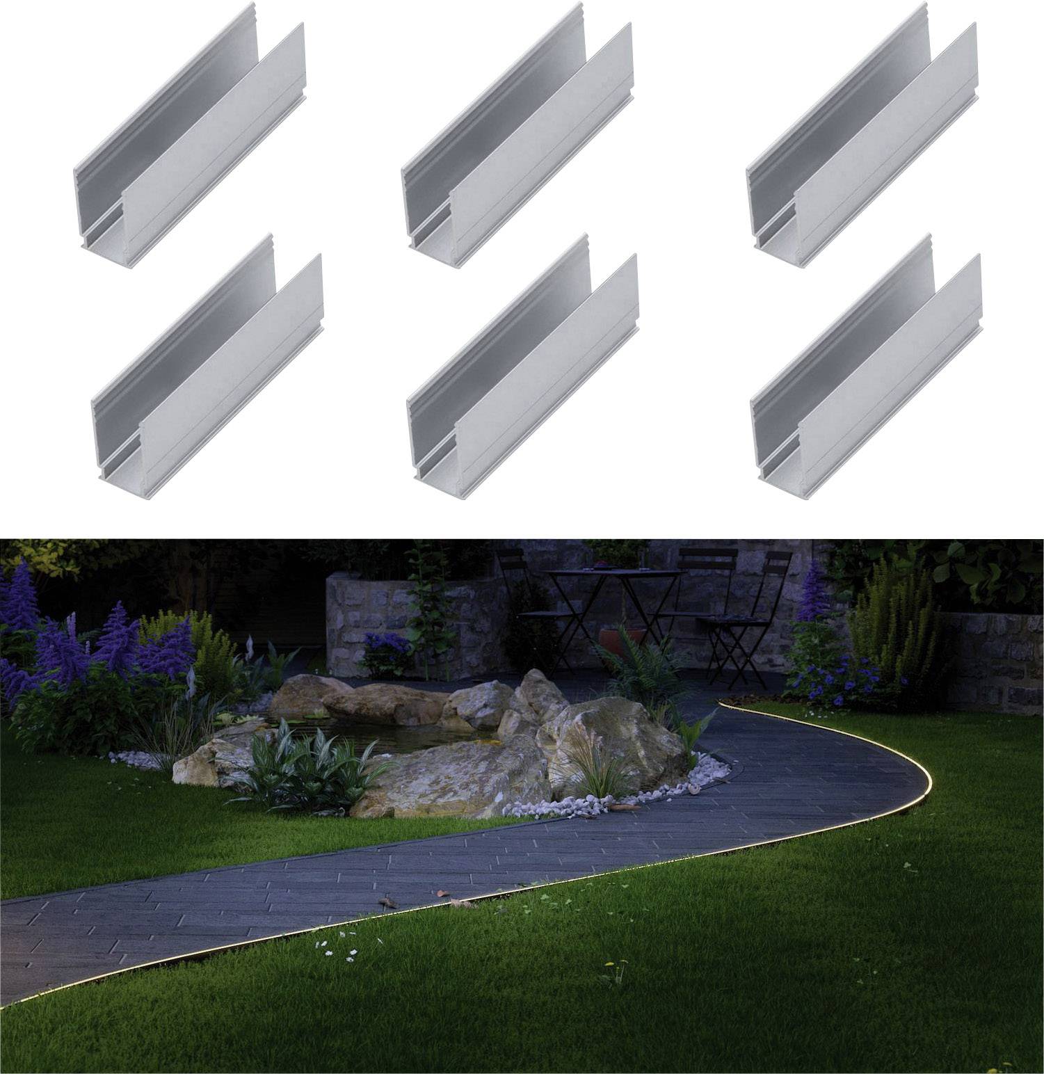 Six profilés en aluminium en haut ; chemin de jardin éclairé bordé de pierres en bas. Scène de crépuscule avec des plantes en arrière-plan.