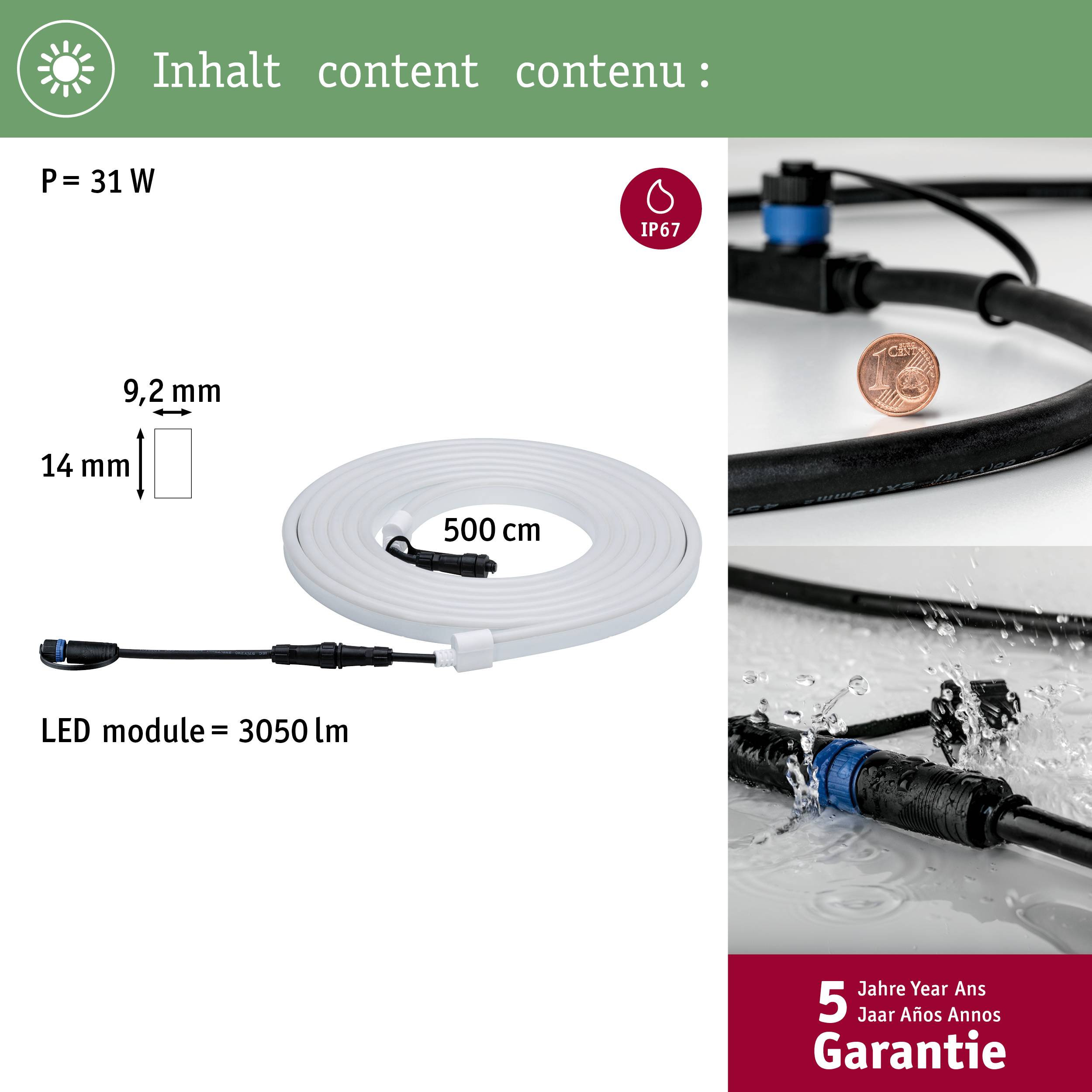 Barre lumineuse LED, 500 cm de long, certifiée IP67, 31 W, largeur 9,2 mm, hauteur 14 mm, garantie 5 ans, illustrée avec connecteur.