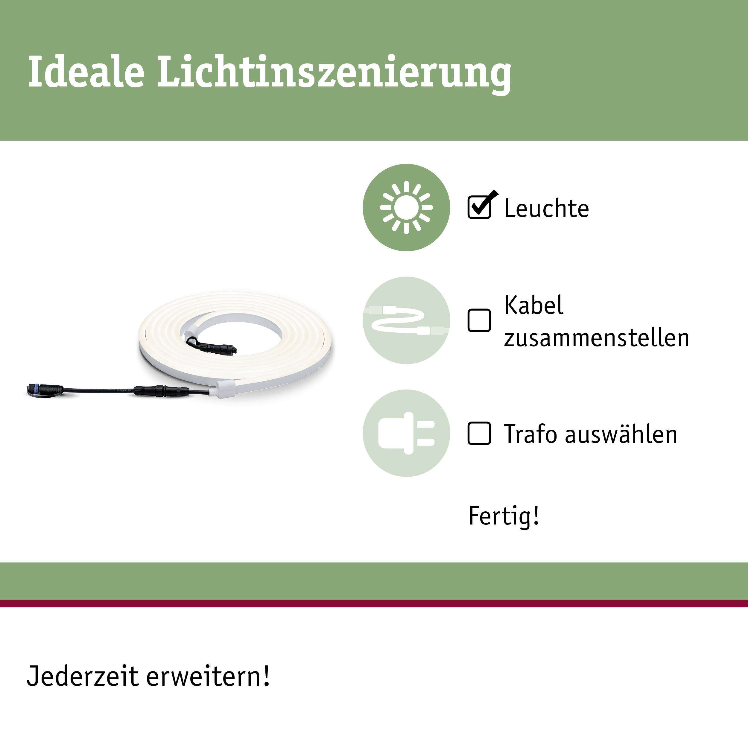 'Mise en scène lumineuse idéale' présente un luminaire, des options de câblage, un transformateur et le mot 'Terminé !'. Sous-titre : 'Extensible à tout moment !'.