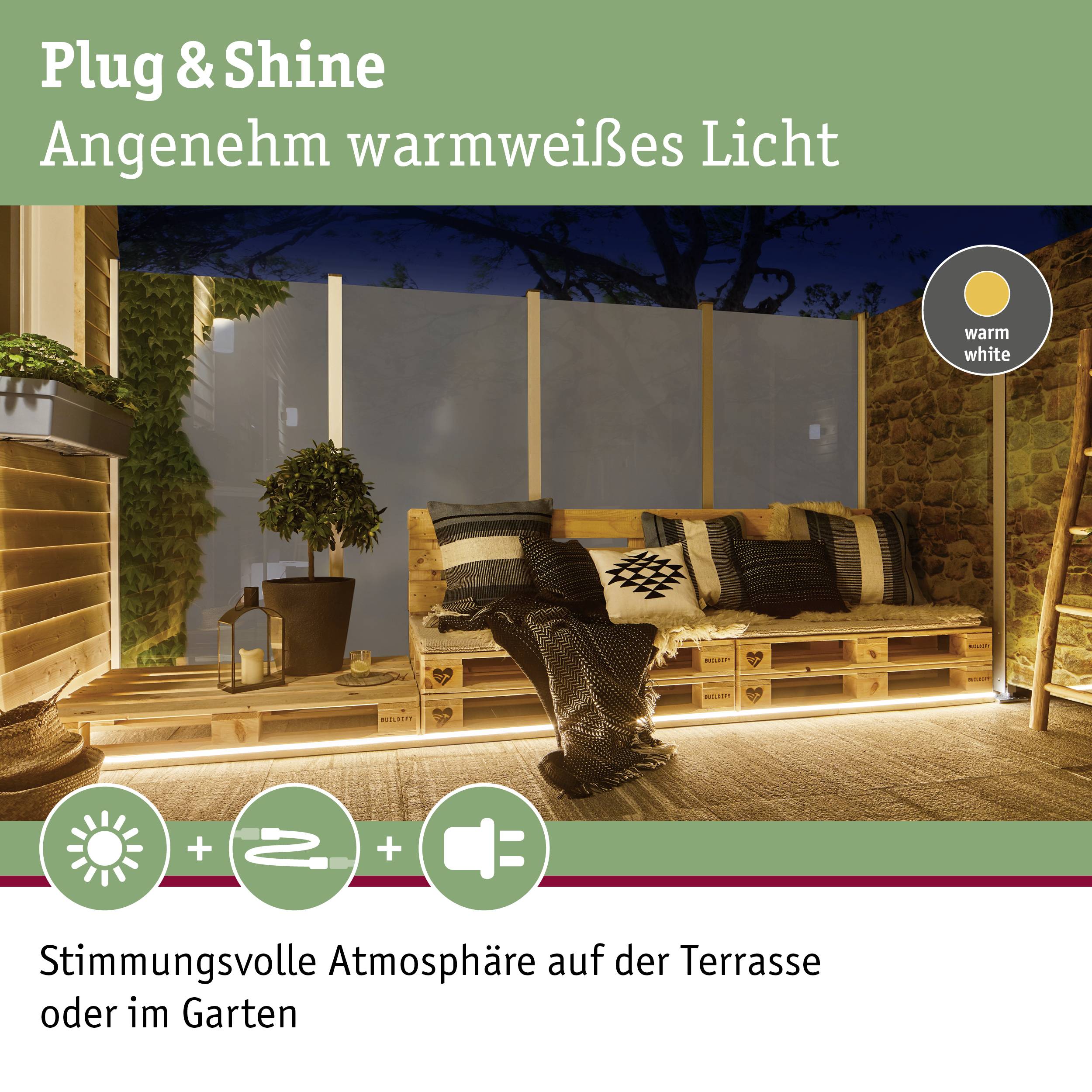 Plug & Shine éclairage crée une atmosphère blanche et chaleureuse pour des soirées conviviales sur la terrasse ou dans le jardin.
