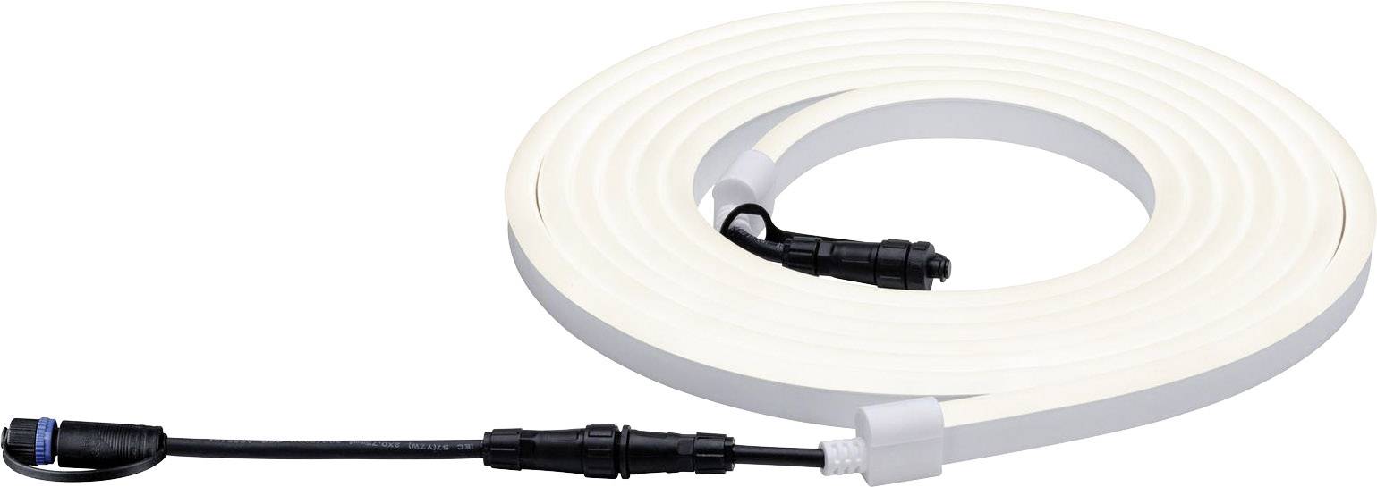 Une barre lumineuse LED blanche, flexible, avec une fiche noire, enroulée en forme de spirale. Adaptée pour l'éclairage intérieur et extérieur.