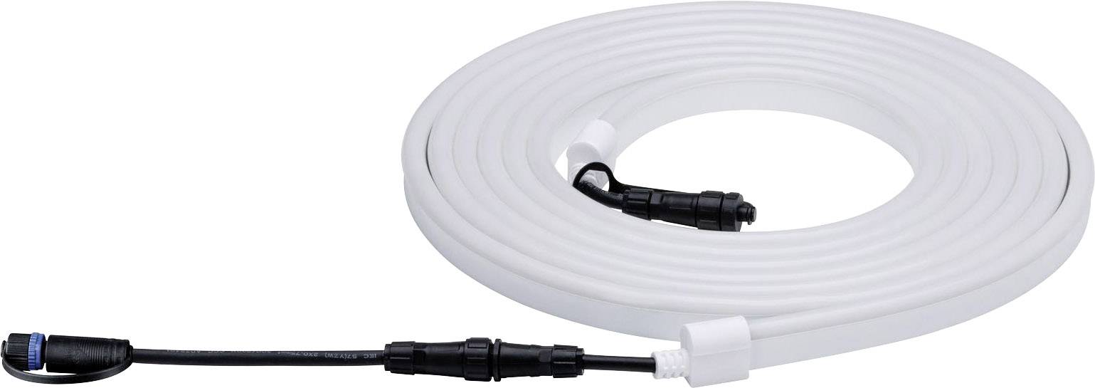 Rallonge électrique blanche avec une fiche bleue à une extrémité et une fiche noire à l'autre, enroulée.