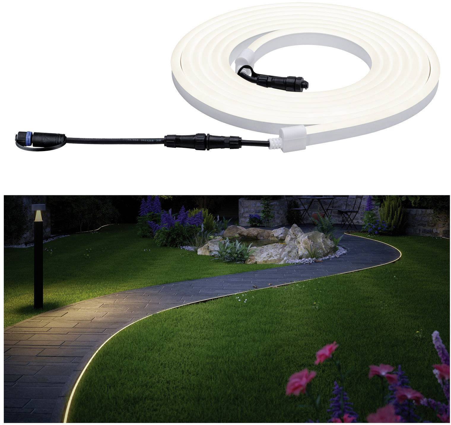 Un ruban lumineux LED qui sert d'éclairage décoratif le long d'un chemin sinueux dans un jardin.