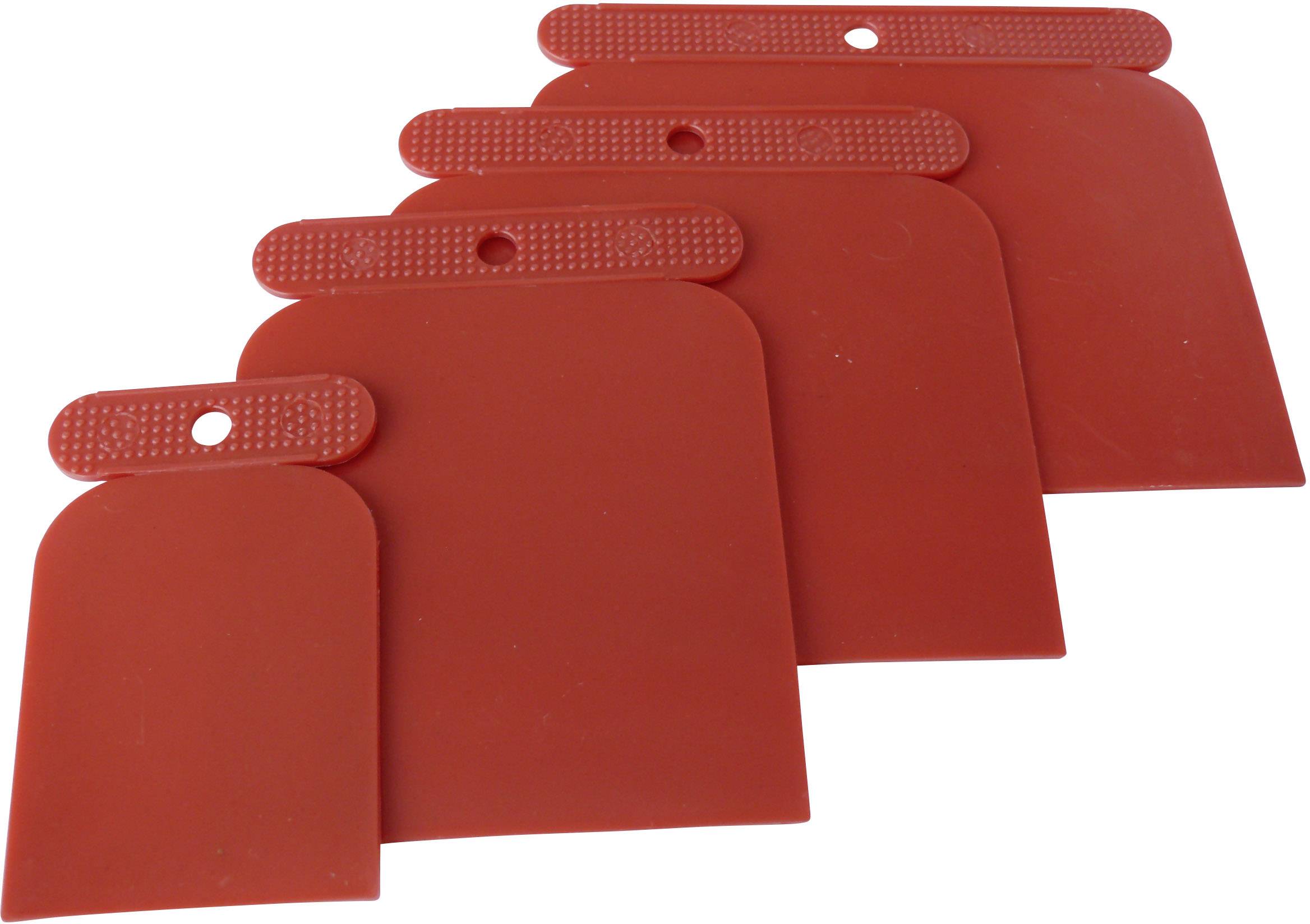 Quatre spatules en plastique rouge de différentes tailles, empilées les unes sur les autres.