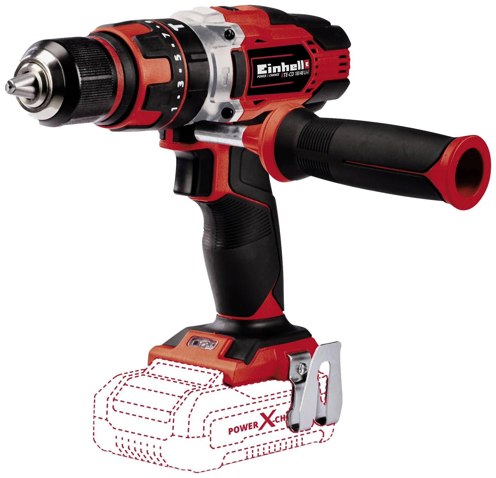Visseuse sans fil en rouge et noir avec poignée ergonomique et éclairage LED, sans batterie insérée. Logo de la marque visible sur le côté.