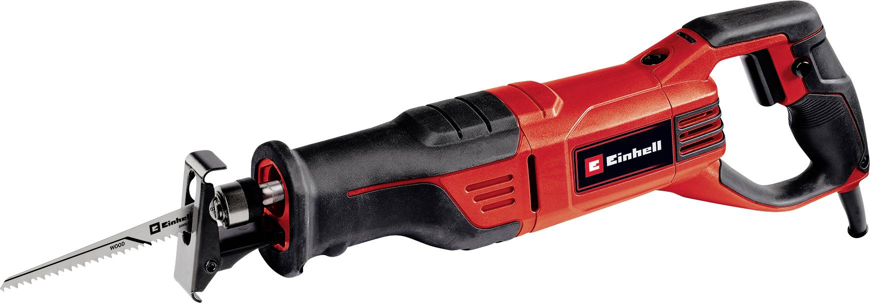 Une scie sabre Einhell rouge avec poignée noire, adaptée aux travaux de coupe grossiers dans le bois et le métal.