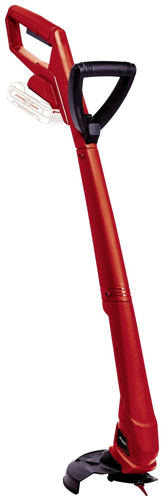 Un coupe-bordures rouge sans fil avec une poignée ergonomique. Adapté pour tailler les bordures de pelouse et atteindre les zones difficiles d'accès dans le Jardin.