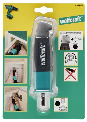 Adaptateur d'angle à vis 'Wolfcraft' dans son emballage ; présente des images montrant son utilisation pour le perçage précis dans les angles et le vissage avec un embout de 6,35 mm.