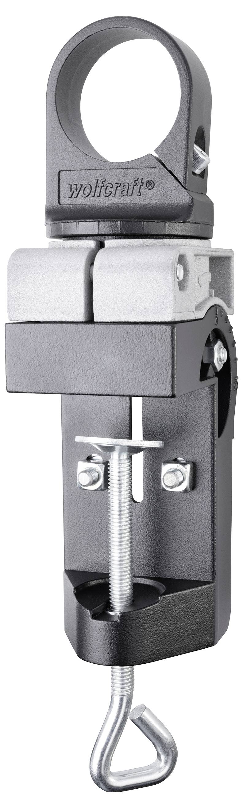 Pince-étau en métal et plastique avec mécanisme à vis, adaptée pour fixer des matériaux sur des établis.