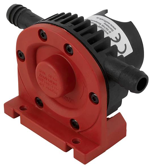 Pompe rouge avec boîtier noir et plusieurs raccordements, adaptée à une utilisation industrielle pour le transport de liquides.