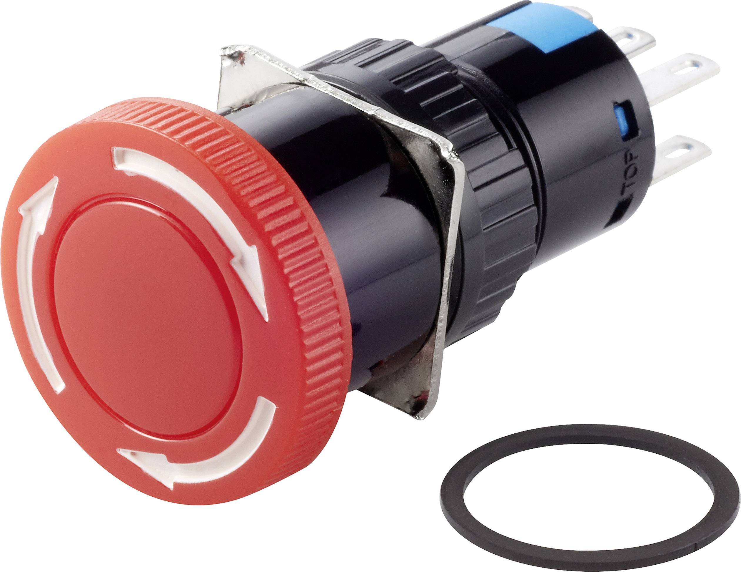 Un bouton d'arrêt d'urgence rouge avec des symboles de flèches pour les fonctions d'arrêt d'urgence et un joint d'étanchéité noir desserré.