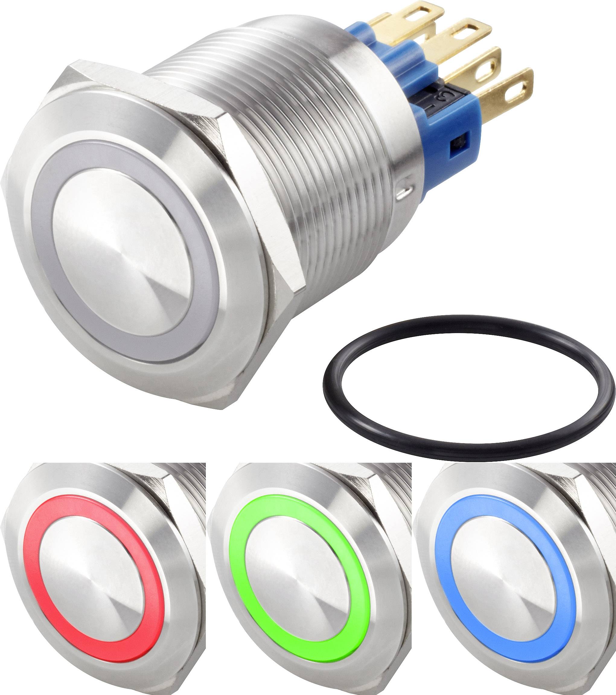 Interrupteur métallique avec anneau LED s'illuminant dans différentes couleurs : Rouge, Vert, Bleu et Blanc. Comprend également un joint d'étanchéité en caoutchouc.