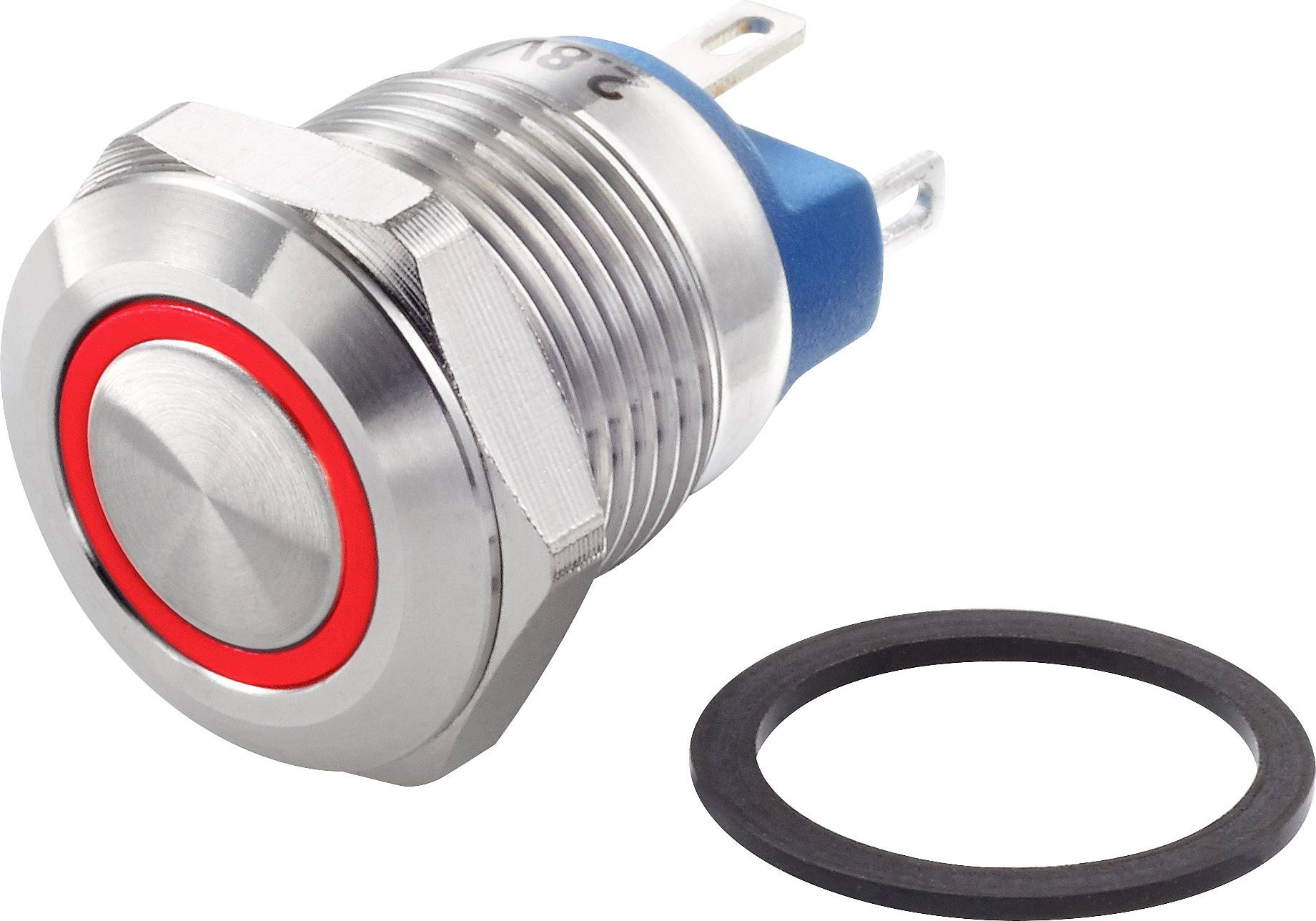 Un interrupteur à bouton-poussoir métallique avec anneau lumineux rouge, à côté duquel se trouve un joint d'étanchéité en caoutchouc noir. Adapté pour les appareils électriques.