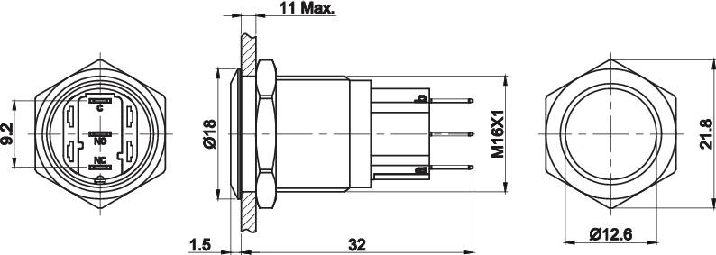 TRU COMPONENTS TC-7494704 TC-GQ16-KF-11/J/C Bouton-poussoir antivandalisme 48 V/DC 2 A 1 x Off/(On) à rappel IP65 1 pc(s)
