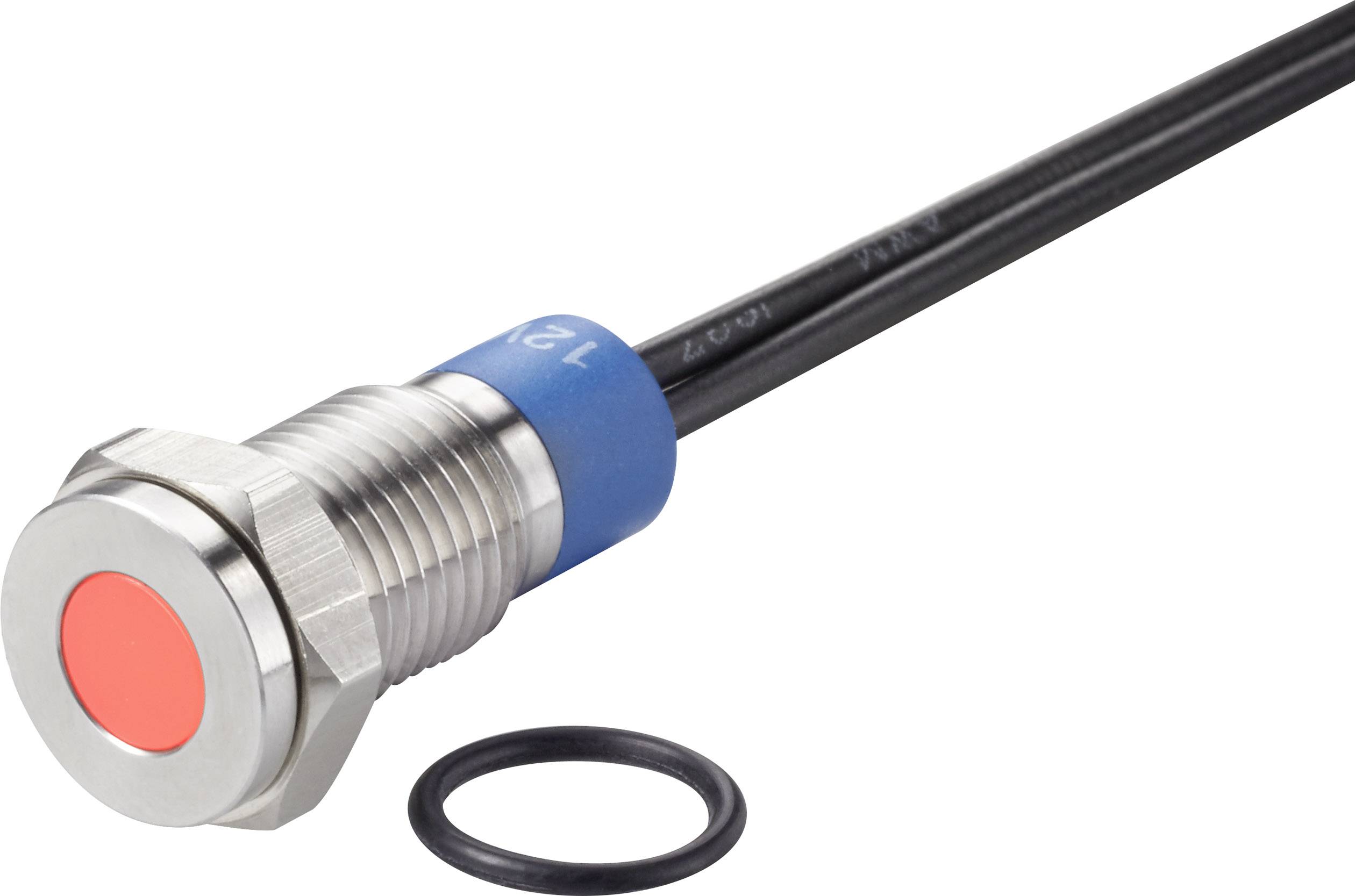 Capteur de proximité cylindrique en métal avec un embout rond rouge et un câble de connexion noir. Un joint torique noir est posé à côté.