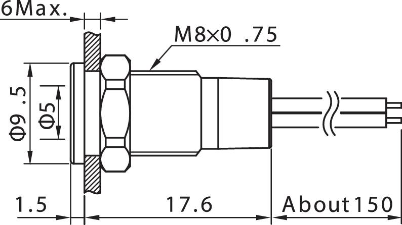 Dessin technique d'un connecteur avec dimensions : Filetage M8x0,75, longueur max. 6, longueur totale 17,6, largeur 9,5, longueur de câble env. 150.