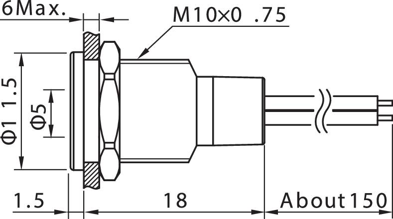Dessin technique d'un capteur de filetage M10. Dimensions : longueur 18 mm, diamètre 6 mm. Câble sur le côté droit.