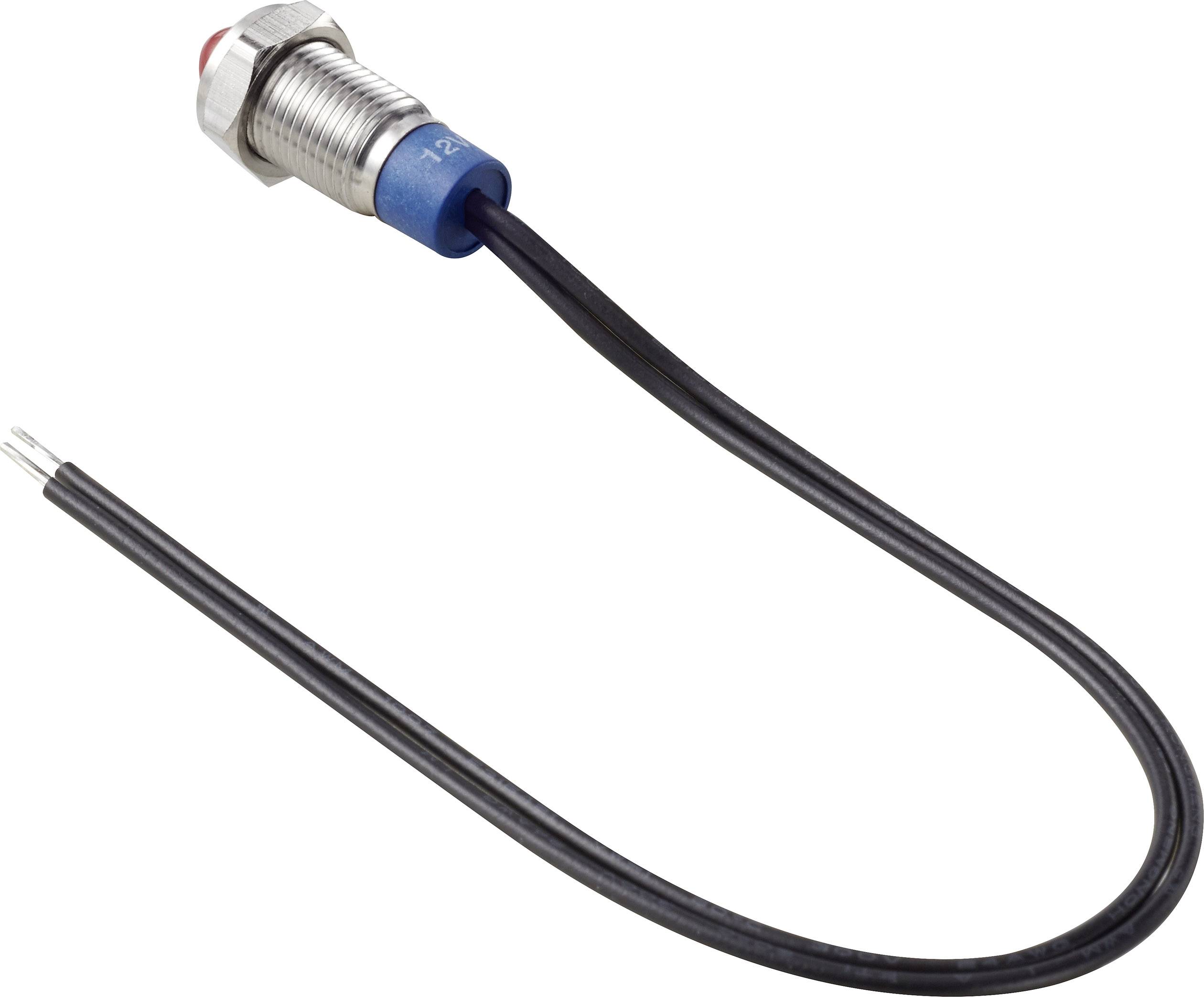 Un capteur à induction métallique cylindrique avec un embout rouge et un long câble noir, adapté aux applications industrielles.