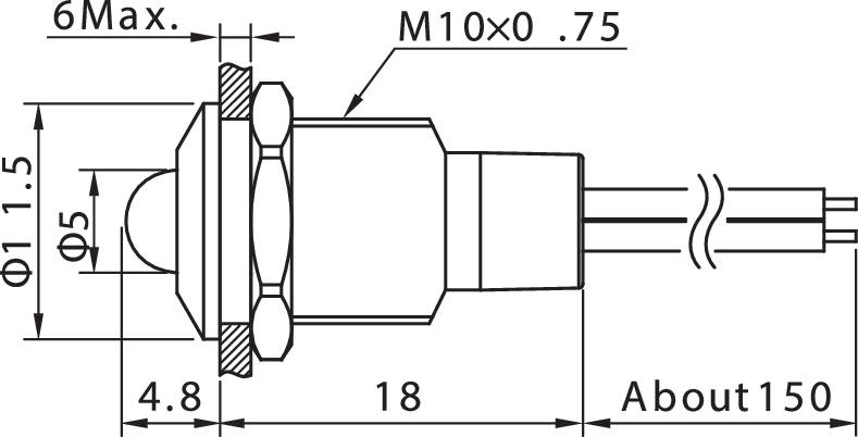 Dessin technique d'un interrupteur avec filetage M10 x 0,75, hauteur maximale de 6 mm, dimensions de 4,8 x 18 x env. 150 mm, vue de dessus latérale.