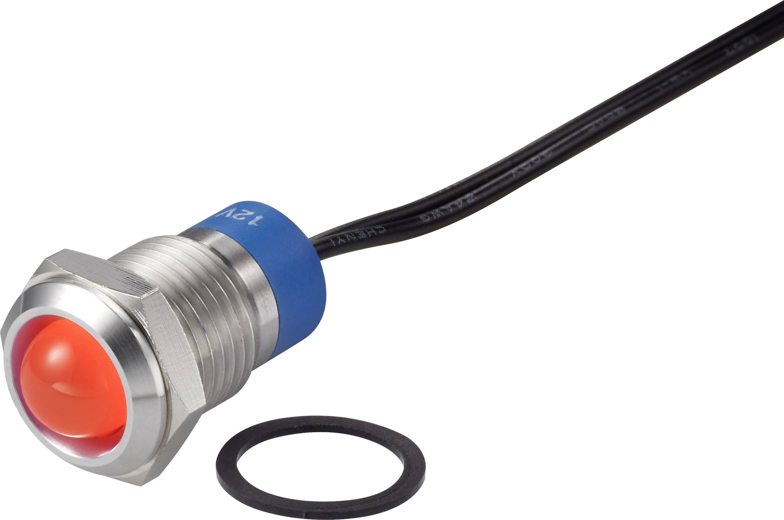 Bouton-poussoir métallique avec bouton rouge et câble noir, à côté d'un joint d'étanchéité noir. Utilisé pour les circuits électriques.