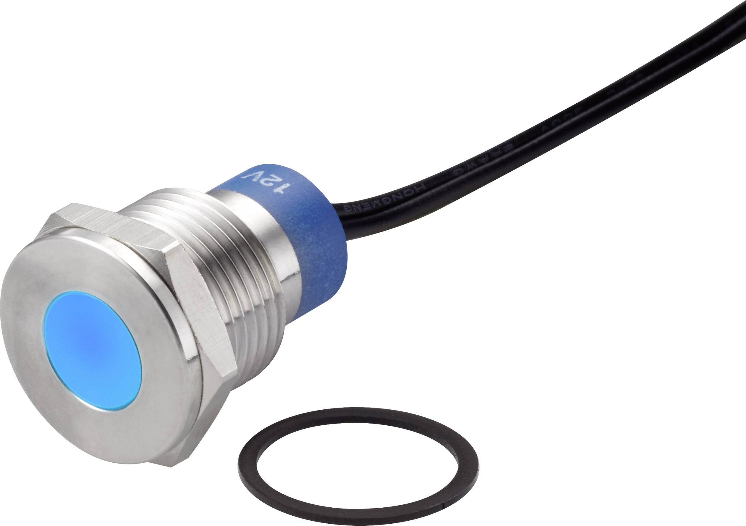 Bouton métallique avec surface éclairée en bleu, marquage '12V', à côté un joint d'étanchéité noir.