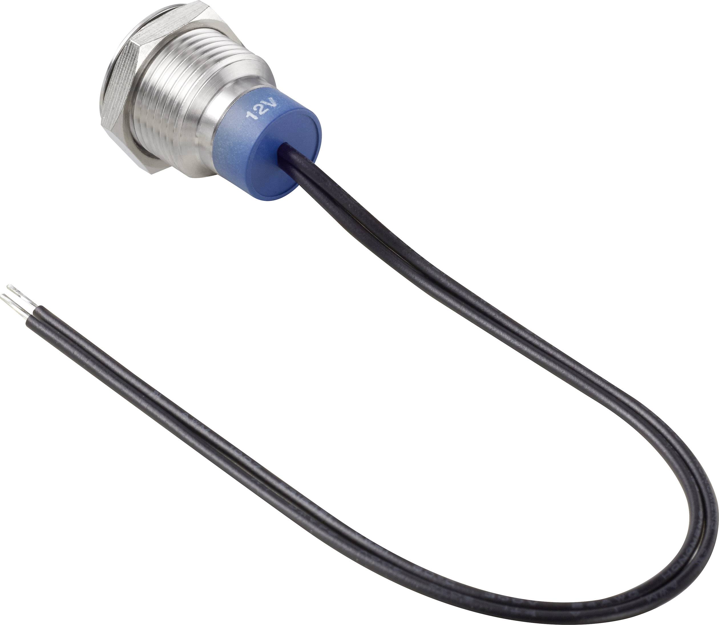 Capteur métallique avec filetage et marquage bleu 12V, câbles noirs connectés.
