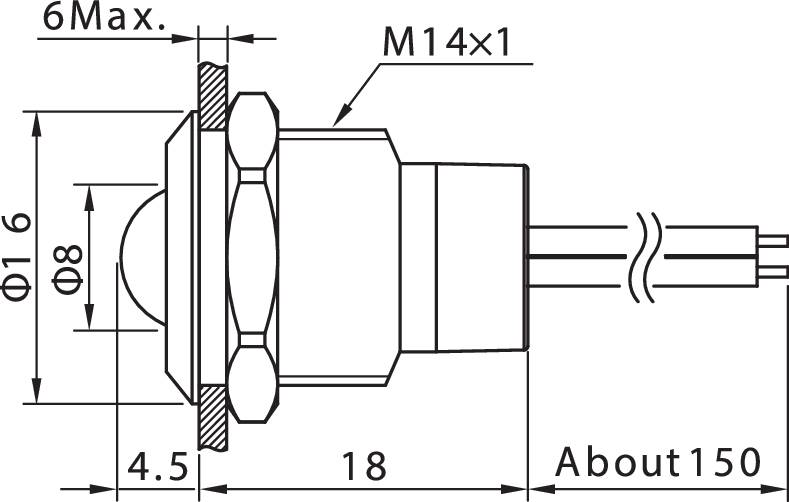 Dessin technique d'un connecteur avec détails dimensionnels. Annotations : 'M14x1', diamètre 16, autres dimensions indiquées en millimètres.