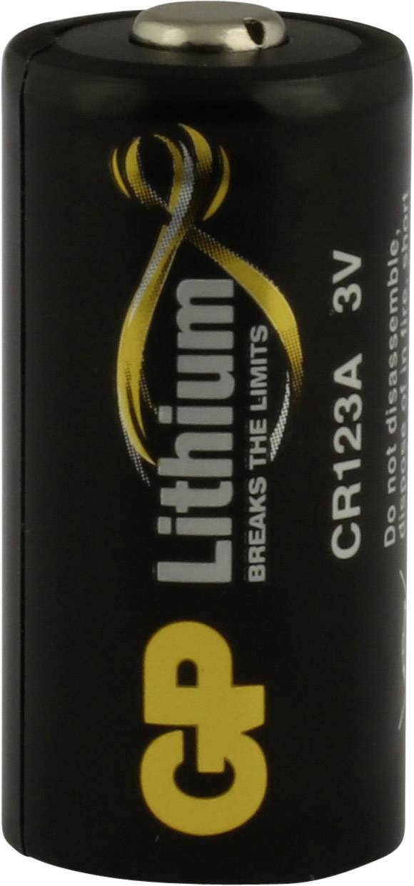 Batterie Lithium-Manganèse Ultrafire CR123A 3V jaune-vert avec le symbole plus et inscriptions blanches sur boîtier noir.