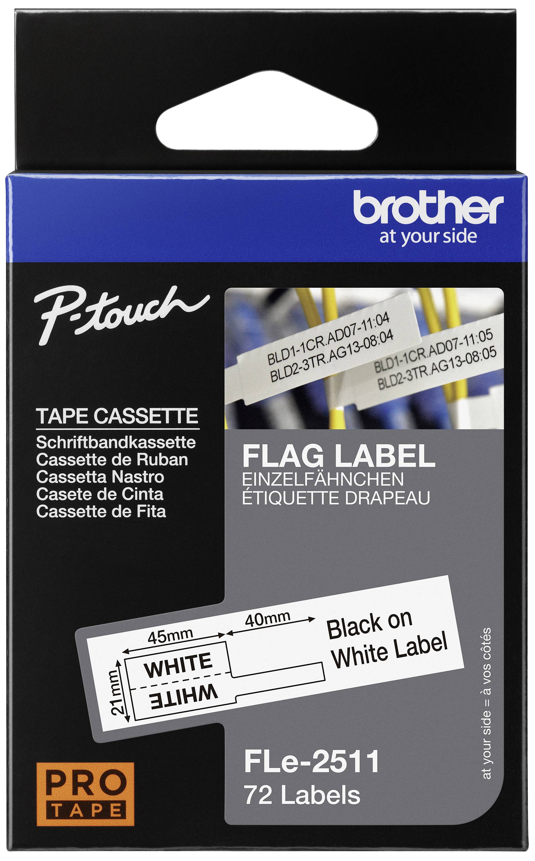 Cassette de ruban noir Brother P-Touch, modèle FLe-2511. Étiquettes individuelles pour fanions, 45 mm x 40 mm, fond blanc.