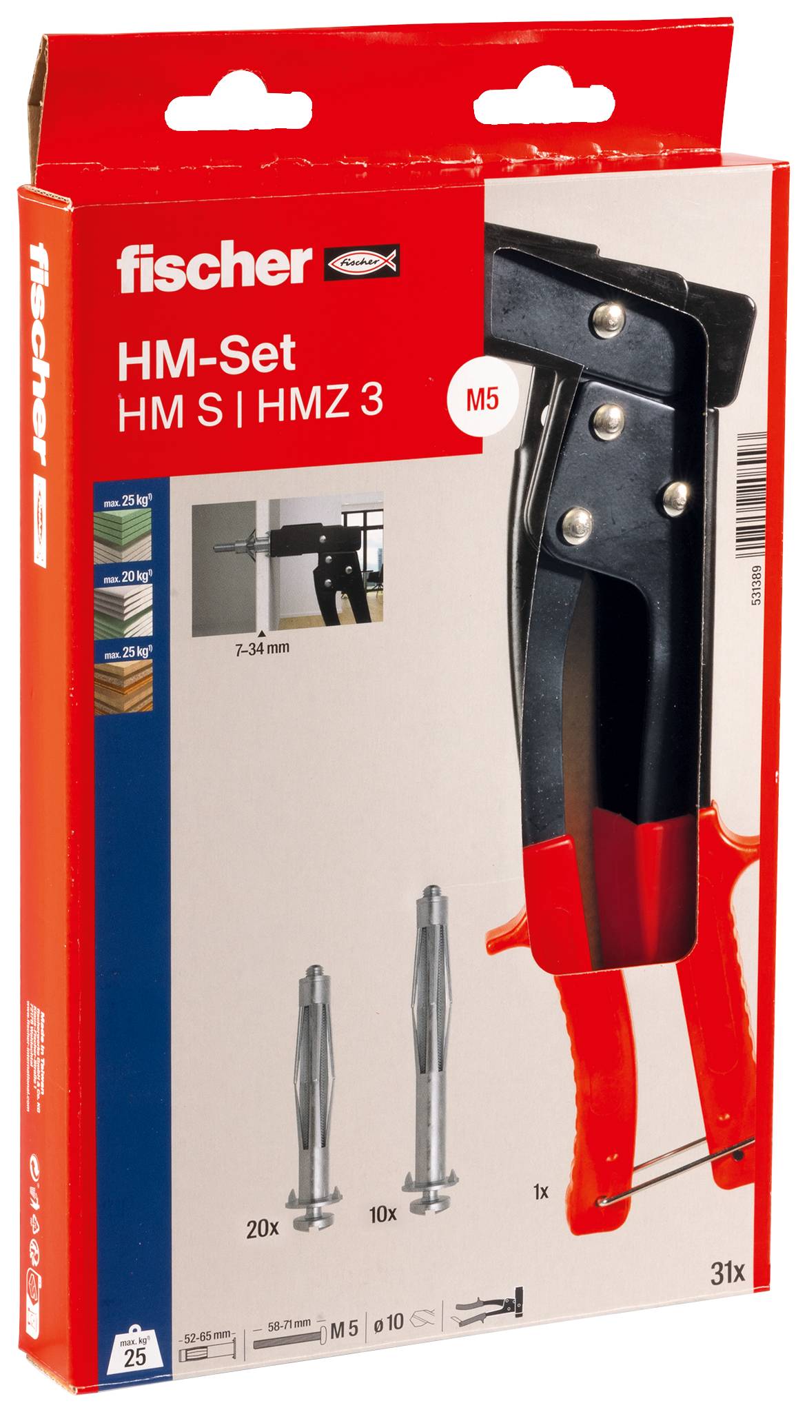 Un emballage contenant un 'kit HM' de Fischer, comprenant un outil de vissage et 31 chevilles de différentes tailles.