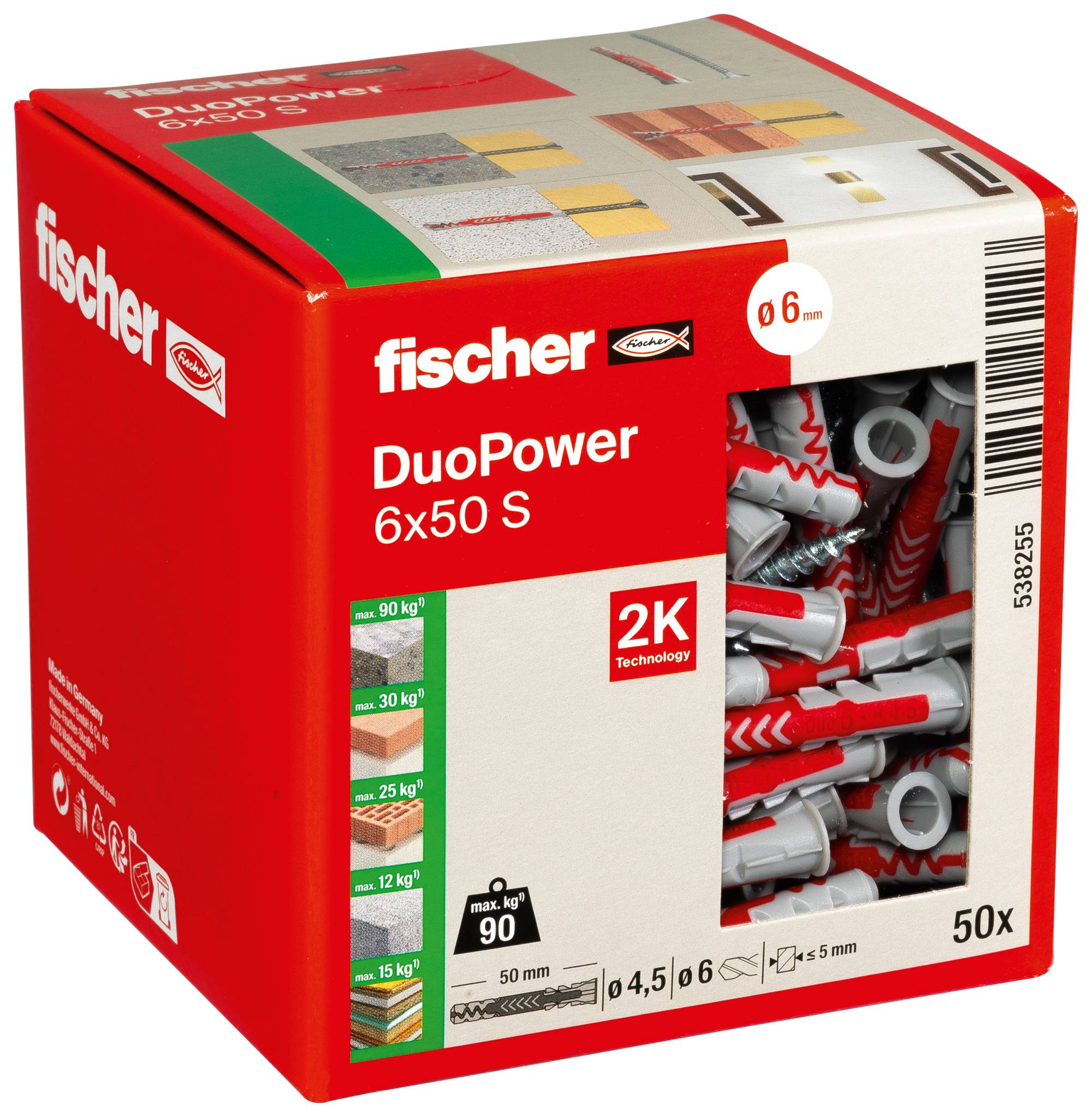 « Cheville Fischer Duopower et vis. » L'image montre une cheville murale rouge et grise au-dessus d'une vis métallique, mettant en évidence les composants de fixation.