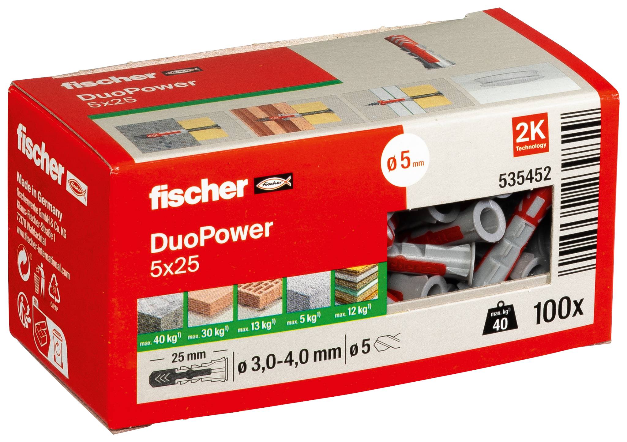 Une cheville murale en plastique rouge, marquée « fischer », conçue pour fixer solidement les objets aux murs, dotée de marquages en forme de flèche pour l'alignement.