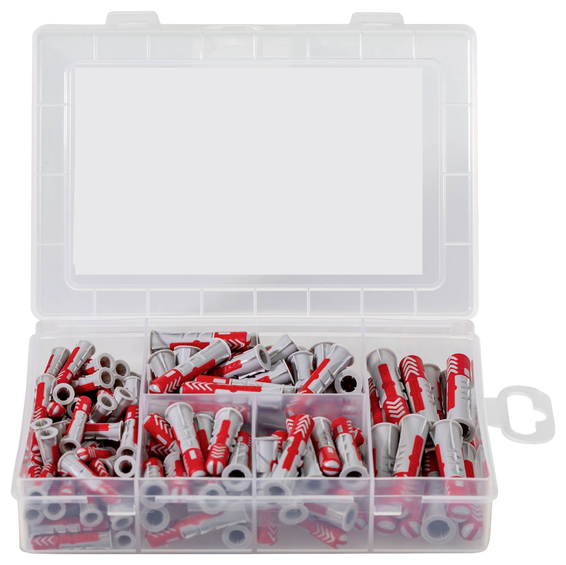 Un boîtier en plastique ouvert contenant différentes tailles de chevilles dans plusieurs compartiments, principalement rouge et gris, pour la fixation.